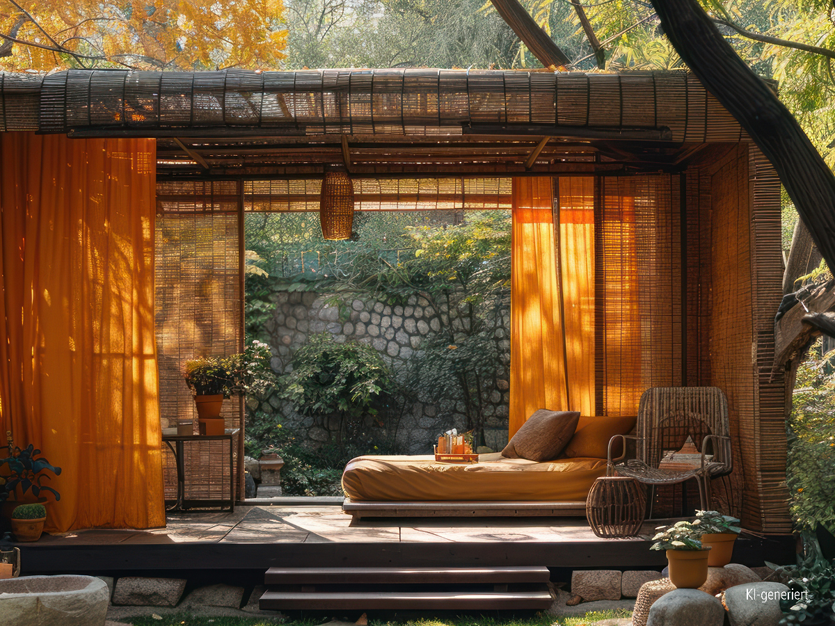 Eine Pergola mit orangen Vorhängen