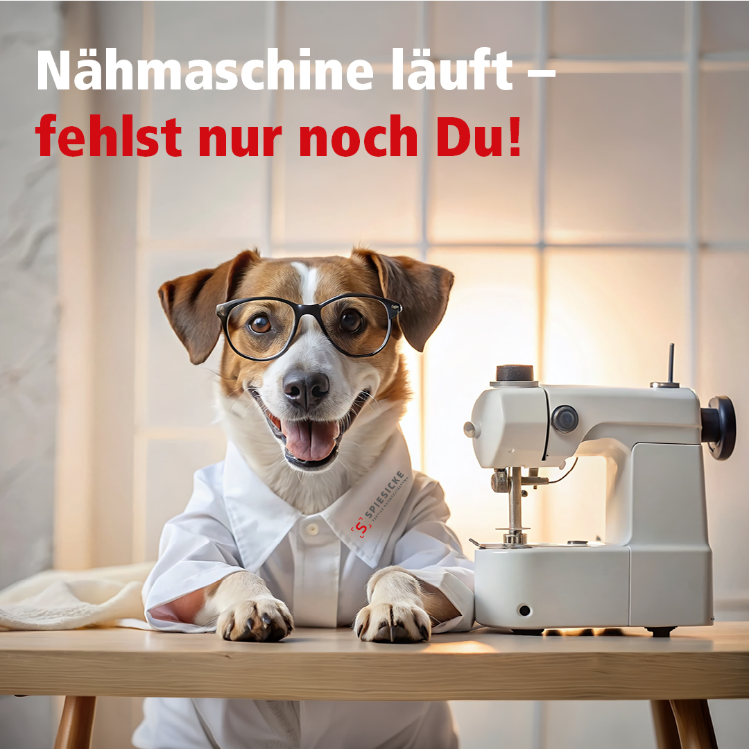 Stellenanzeige: Hund an einer Nähmaschine.Gesucht: Näherin / Näher (m/w/d) – auch Quereinsteiger willkommen!