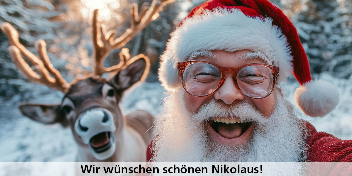 Wir wünschen einen schönen Nikolaus.Nikolaus mit Brille und Rentier.